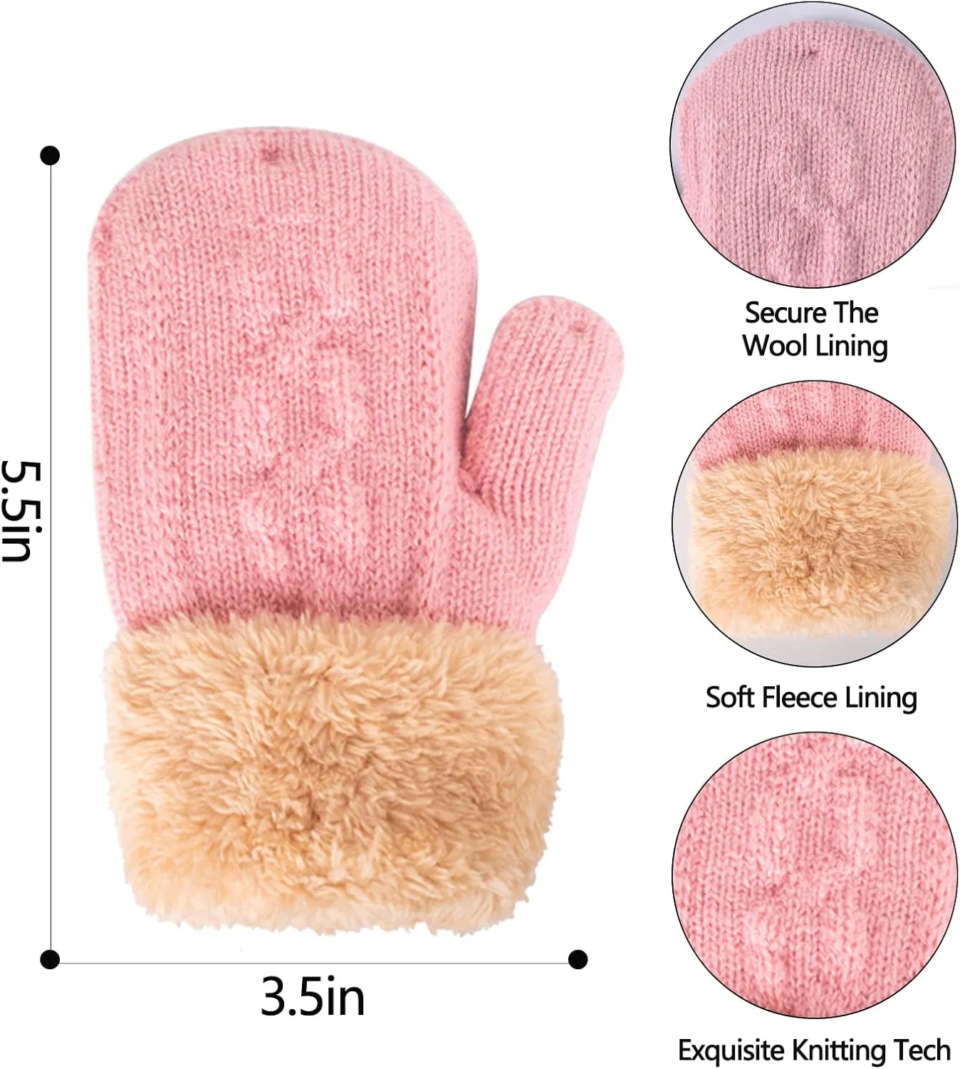 2 Pairs Kids Winter Knit Gloves Boys Girls Warm Thermal Cable Knitted Gloves 2-6-10-14 Year Wool Fleece Lined Mittens