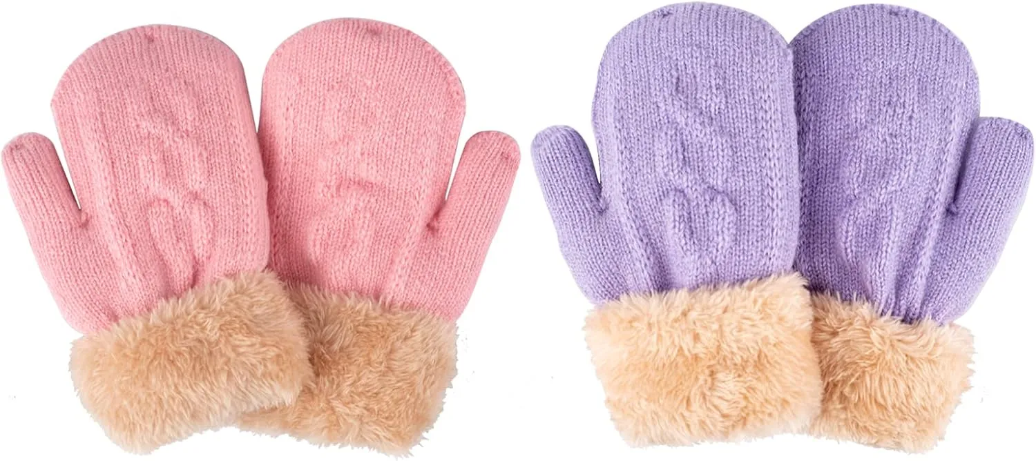 2 Pairs Kids Winter Knit Gloves Boys Girls Warm Thermal Cable Knitted Gloves 2-6-10-14 Year Wool Fleece Lined Mittens