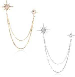 2PCS Crystal Hanging Chain Brooch Suit Pin for Men Women Vintage Crown Cross Star Diamond Broochs Gold and Silver Wedding Brooch for Clothes Dress Hats Bags Accessory