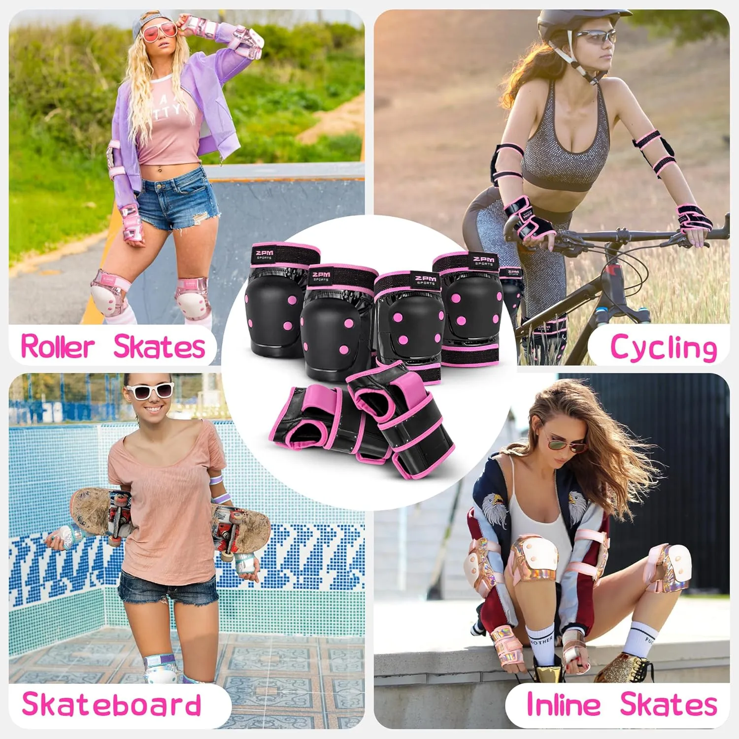 2PM SPORTS Knee Pads for Women, Wrist Guards Knee and Elbow Pads Set with Drawstring Bag, Protective Gear Set for Girls Kids Roller Skating Skateboard - Pink & Black Medium