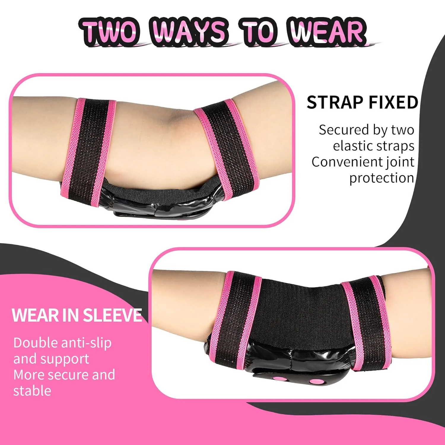 2PM SPORTS Knee Pads for Women, Wrist Guards Knee and Elbow Pads Set with Drawstring Bag, Protective Gear Set for Girls Kids Roller Skating Skateboard - Pink & Black Medium