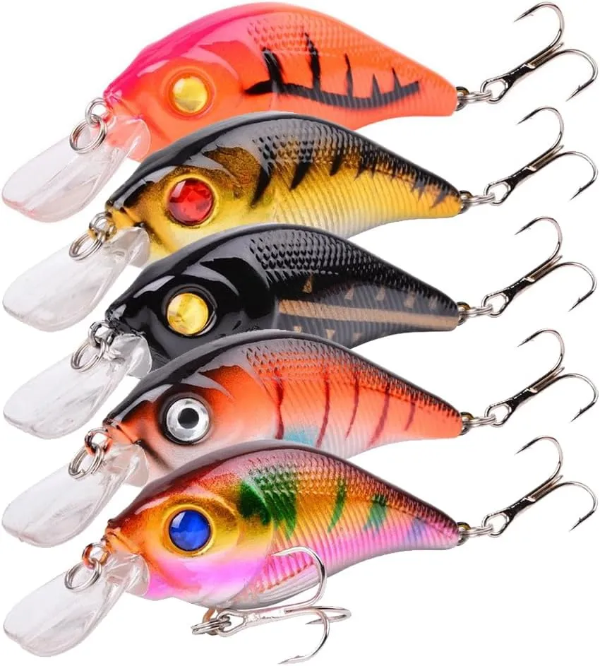 5Pcs Crankbaits Lures Kit, Crankbait Fishing Lures Kit with Treble Hooks Fishing Lures Tackle Fake Bait Kit Fishing Accessories for Bass Trout Salmon Fishing Lovers
