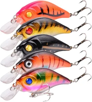 5Pcs Crankbaits Lures Kit, Crankbait Fishing Lures Kit with Treble Hooks Fishing Lures Tackle Fake Bait Kit Fishing Accessories for Bass Trout Salmon Fishing Lovers