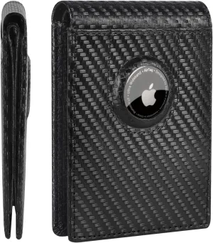 ALLIVE Airtag wallet for men - Genuine Leather Mens Wallet RFID Blocking Slim Billfold with Built-in AirTag Holder, 8 Card Slots, Minimalist Front Pocket Wallet with Gift Box(Carbon Black)