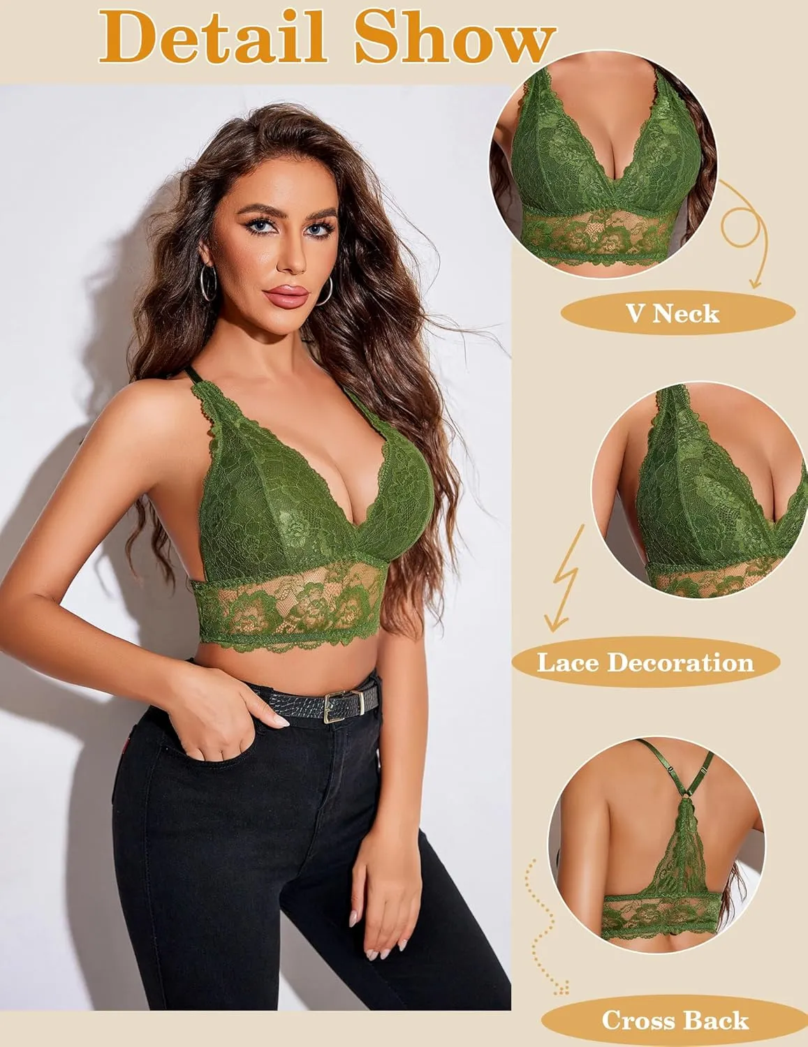Avidlove Bralettes for Women Lace Wireless Bra V Neck Racerback Crop Top Adjustable Lingerie