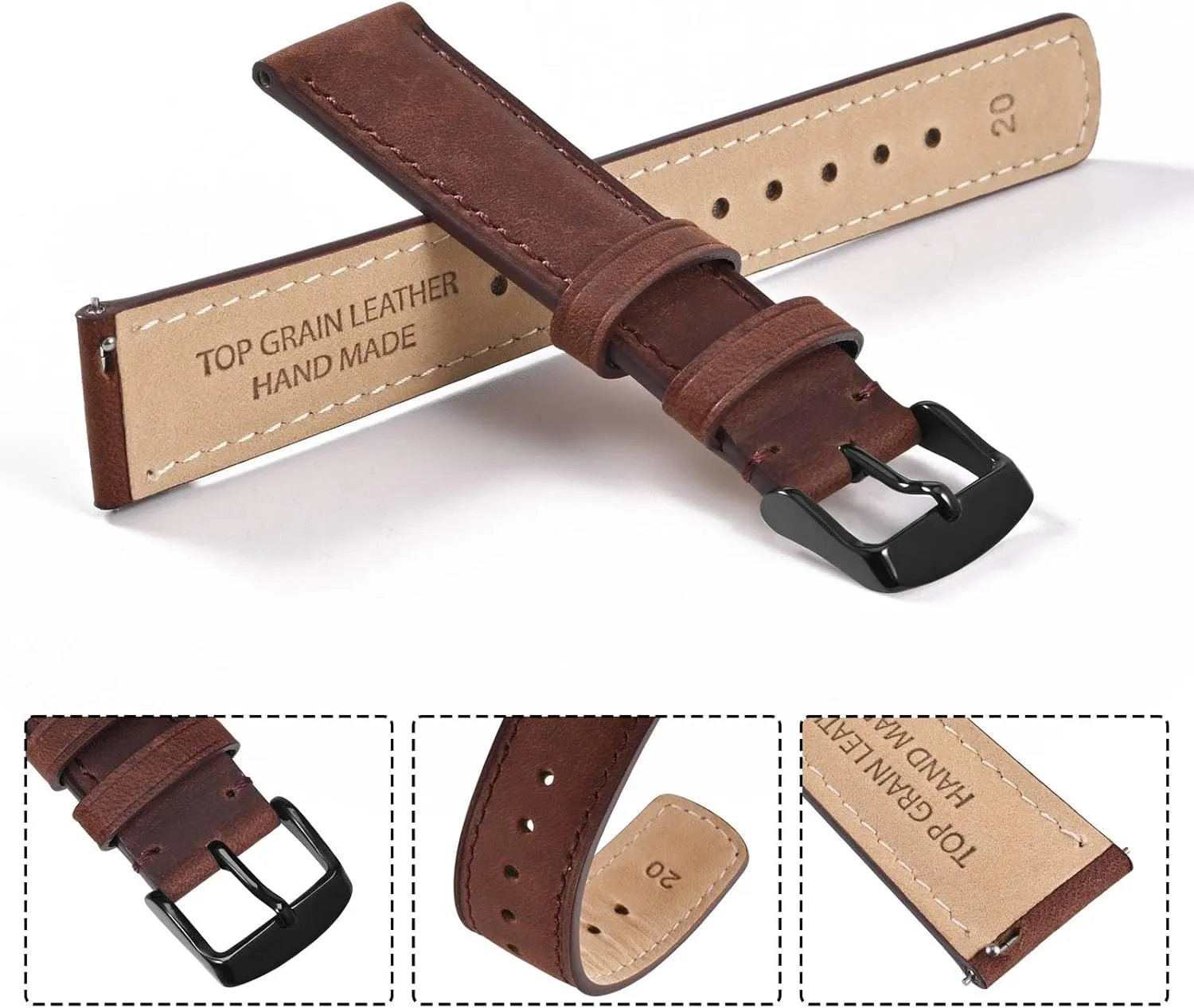 Ayadoo 20mm Top Grain Leather Watch Band Dark Brown Crazy Horse Leather Replacement Watch Strap with Black Buckle Quick Release