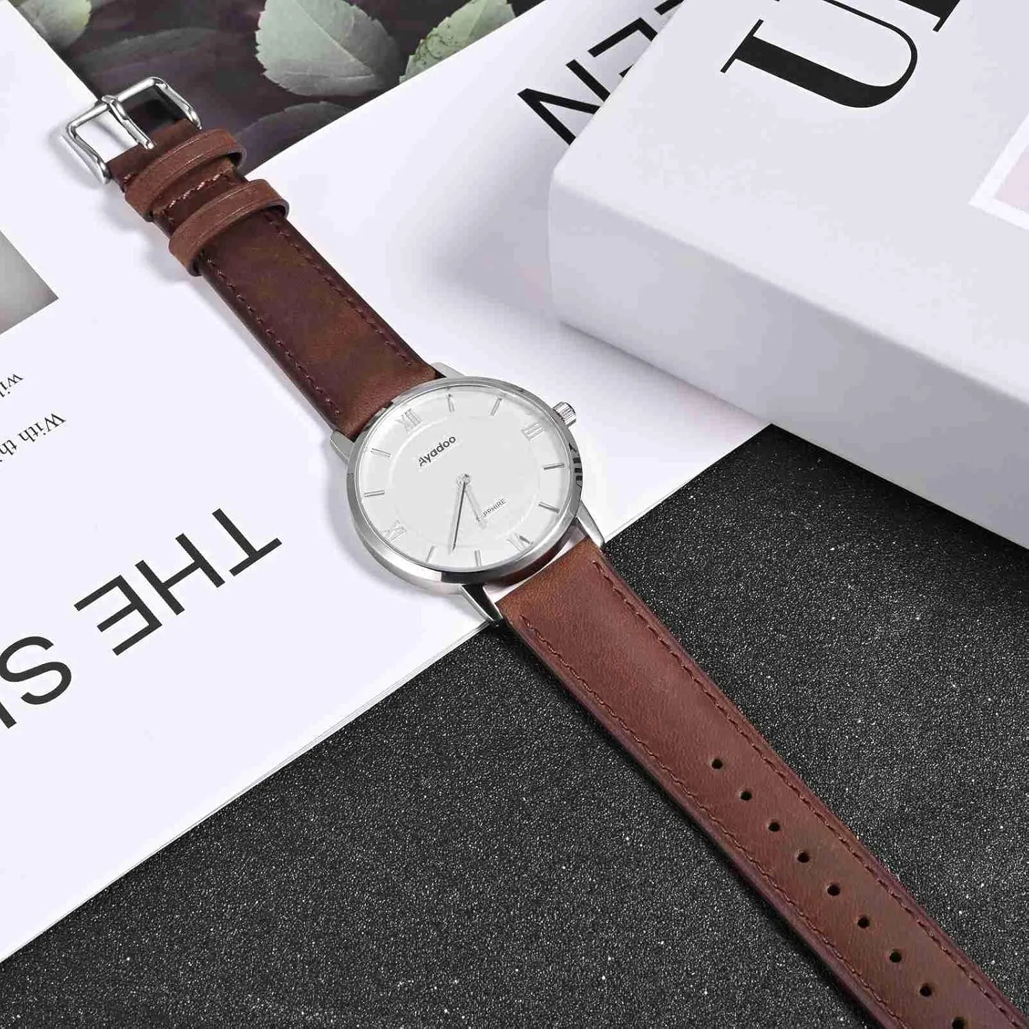 Ayadoo 20mm Top Grain Leather Watch Band Dark Brown Crazy Horse Leather Replacement Watch Strap with Black Buckle Quick Release