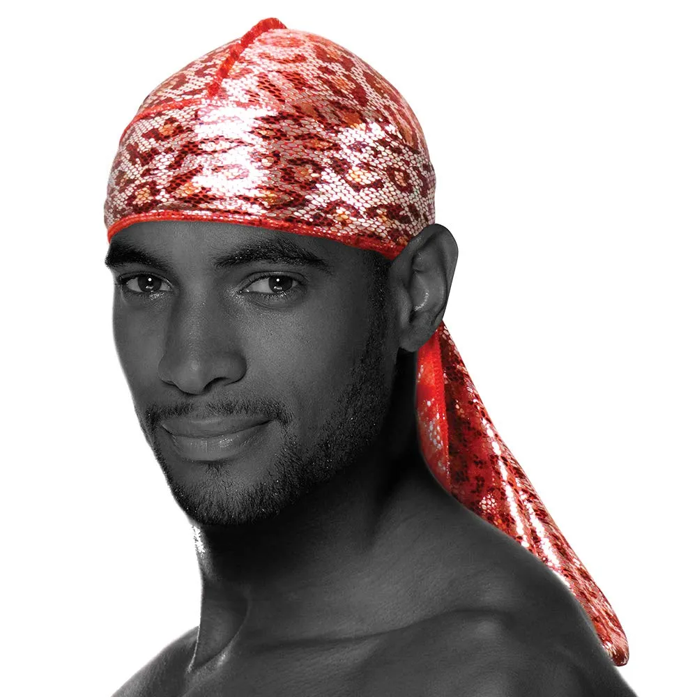 Beauty Town Durag - Holographic Long Tail 360/540/720 Wave Snake Skin Pattern Premium Soft Fabric Coconut Oil Treated Stretchable Headwraps Headtie Headwear for Men and Women (Red - Pack of 2)
