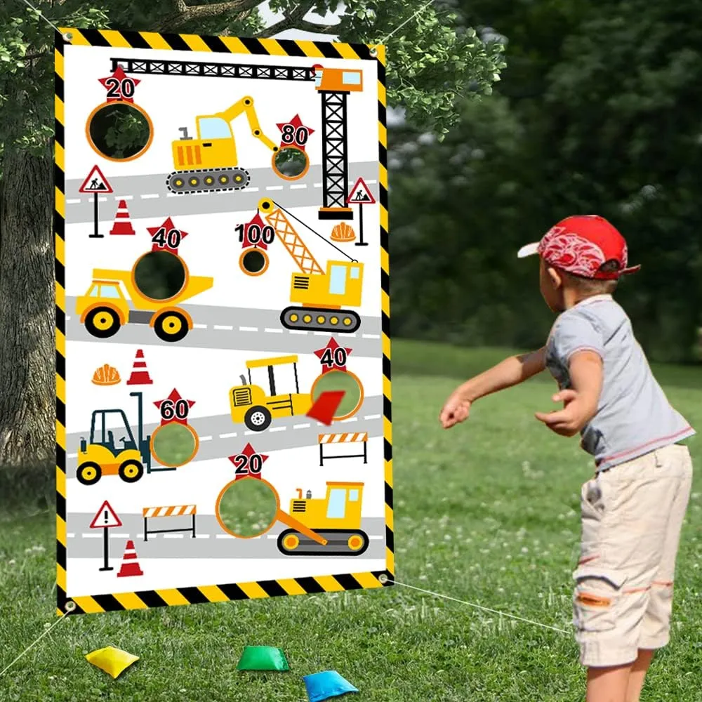 Construction Truck Toss Game Banner with 4 Bean Bags Indoor Outdoor Excavator Throwing Theme Party Game Banner with 7 Score Holes for Boys Kids Teens Adults Birthday Party Decorations Yellow