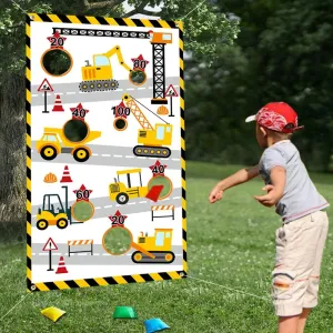 Construction Truck Toss Game Banner with 4 Bean Bags Indoor Outdoor Excavator Throwing Theme Party Game Banner with 7 Score Holes for Boys Kids Teens Adults Birthday Party Decorations Yellow