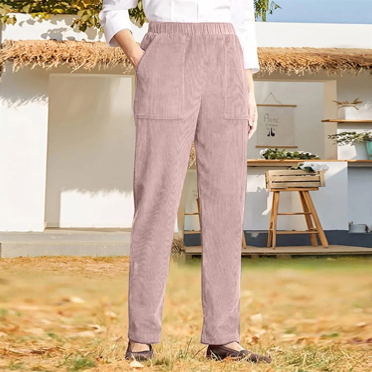 Corduroy Pants Women Casual Elastic High Waist Petite Pants Straight Leg Pants Loose Comfy Trousers with Pockets