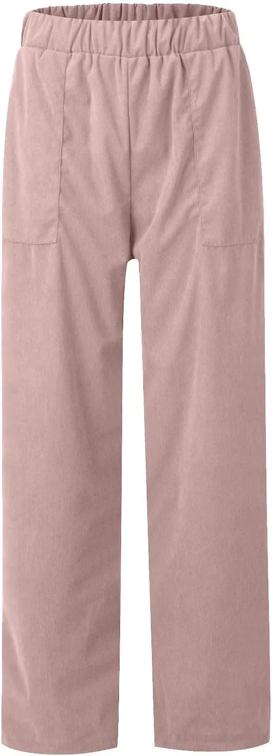 Corduroy Pants Women Casual Elastic High Waist Petite Pants Straight Leg Pants Loose Comfy Trousers with Pockets