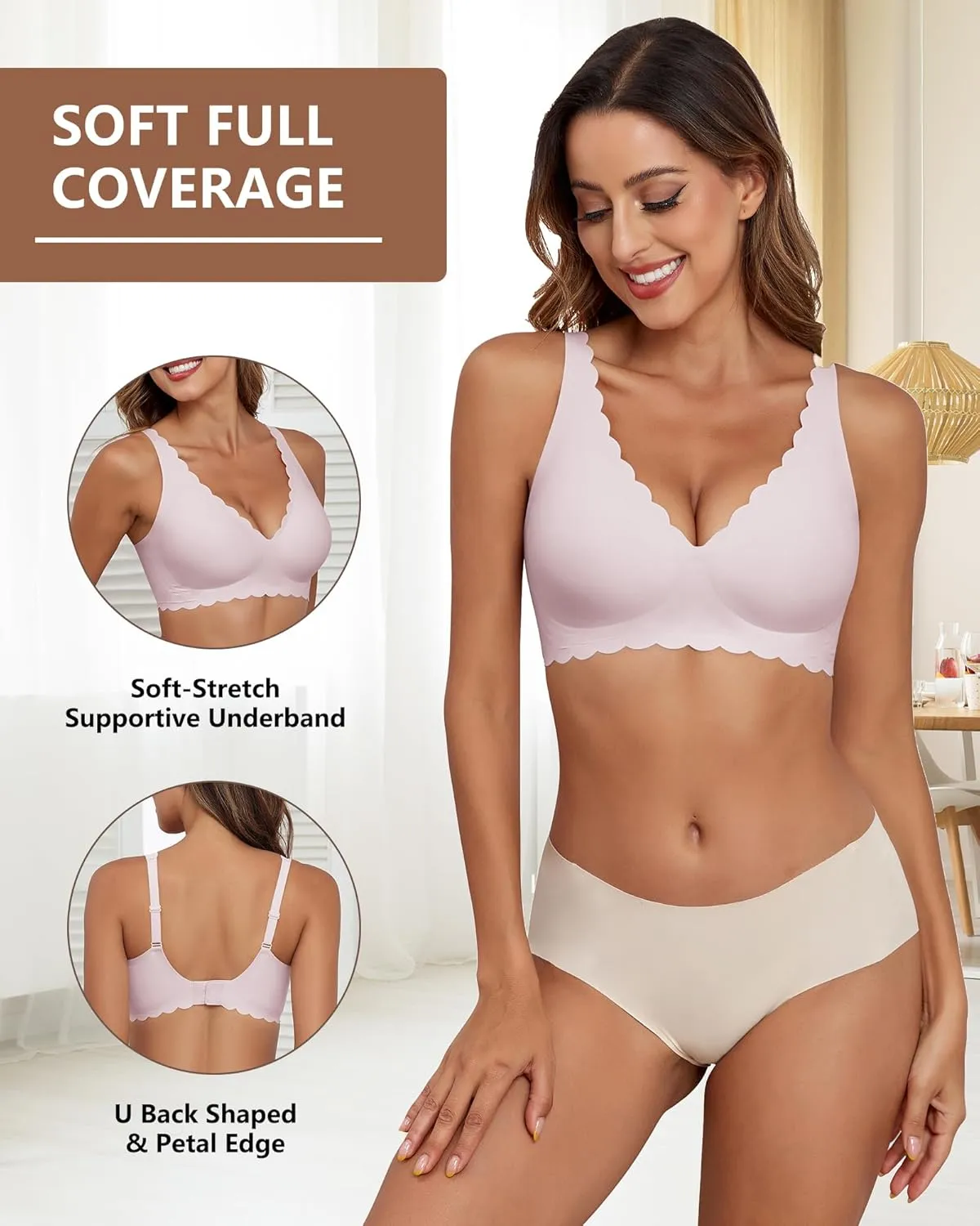 Deep V Neck Wireless Bras for Women No Underwire Scalloped Seamless Bralettes Petal Wavy Womens Bras with Extender