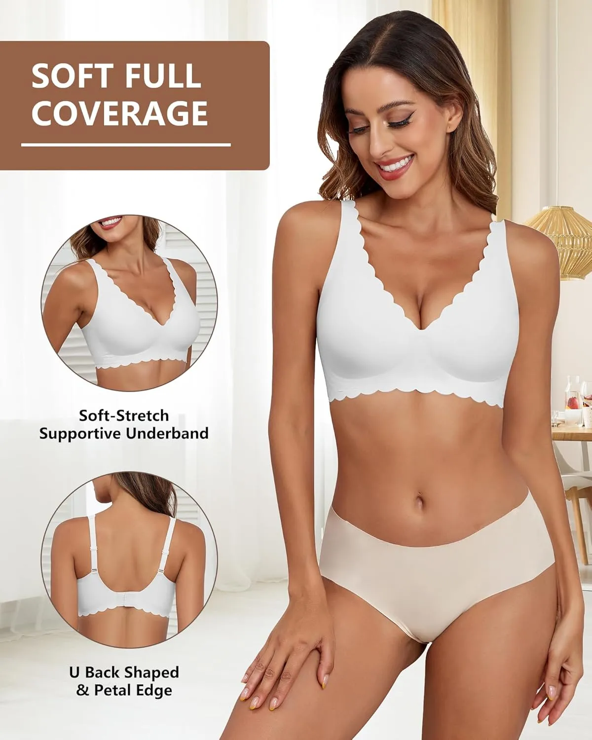 Deep V Neck Wireless Bras for Women No Underwire Scalloped Seamless Bralettes Petal Wavy Womens Bras with Extender
