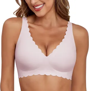 Deep V Neck Wireless Bras for Women No Underwire Scalloped Seamless Bralettes Petal Wavy Womens Bras with Extender