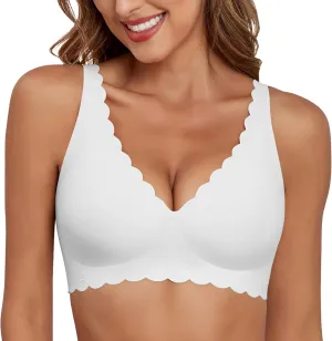 Deep V Neck Wireless Bras for Women No Underwire Scalloped Seamless Bralettes Petal Wavy Womens Bras with Extender