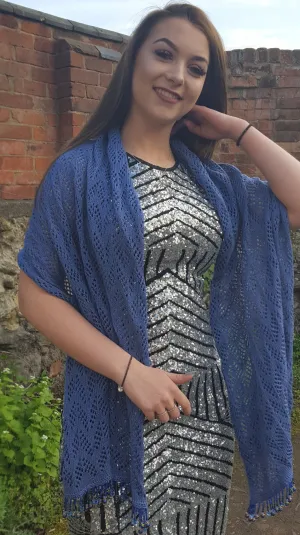 Denim Blue  crepe yarn  beaded pashmina shawl