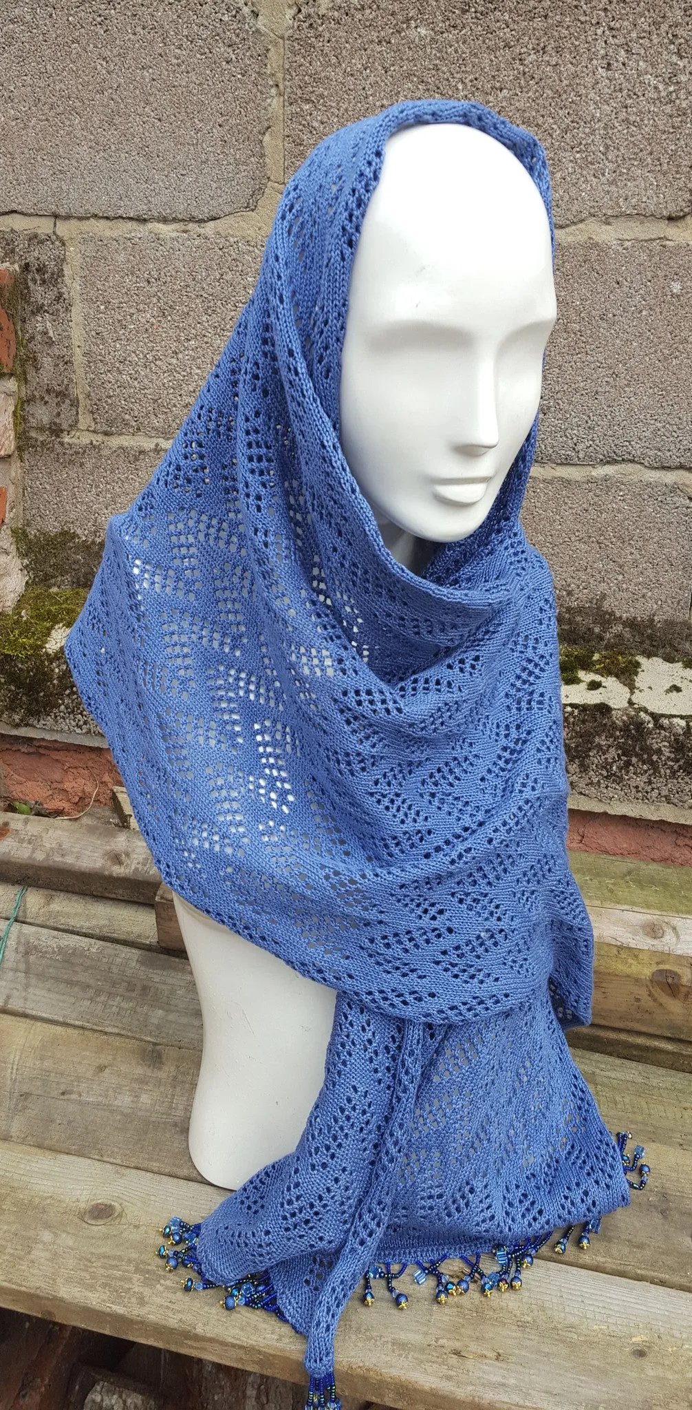 Denim Blue  crepe yarn  beaded pashmina shawl