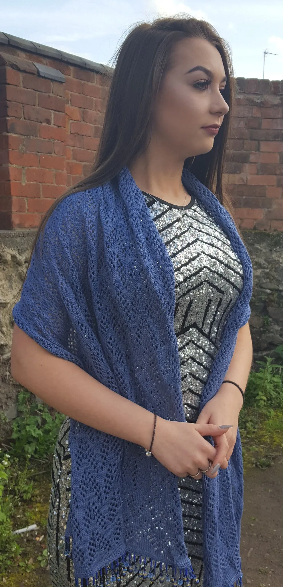 Denim Blue  crepe yarn  beaded pashmina shawl