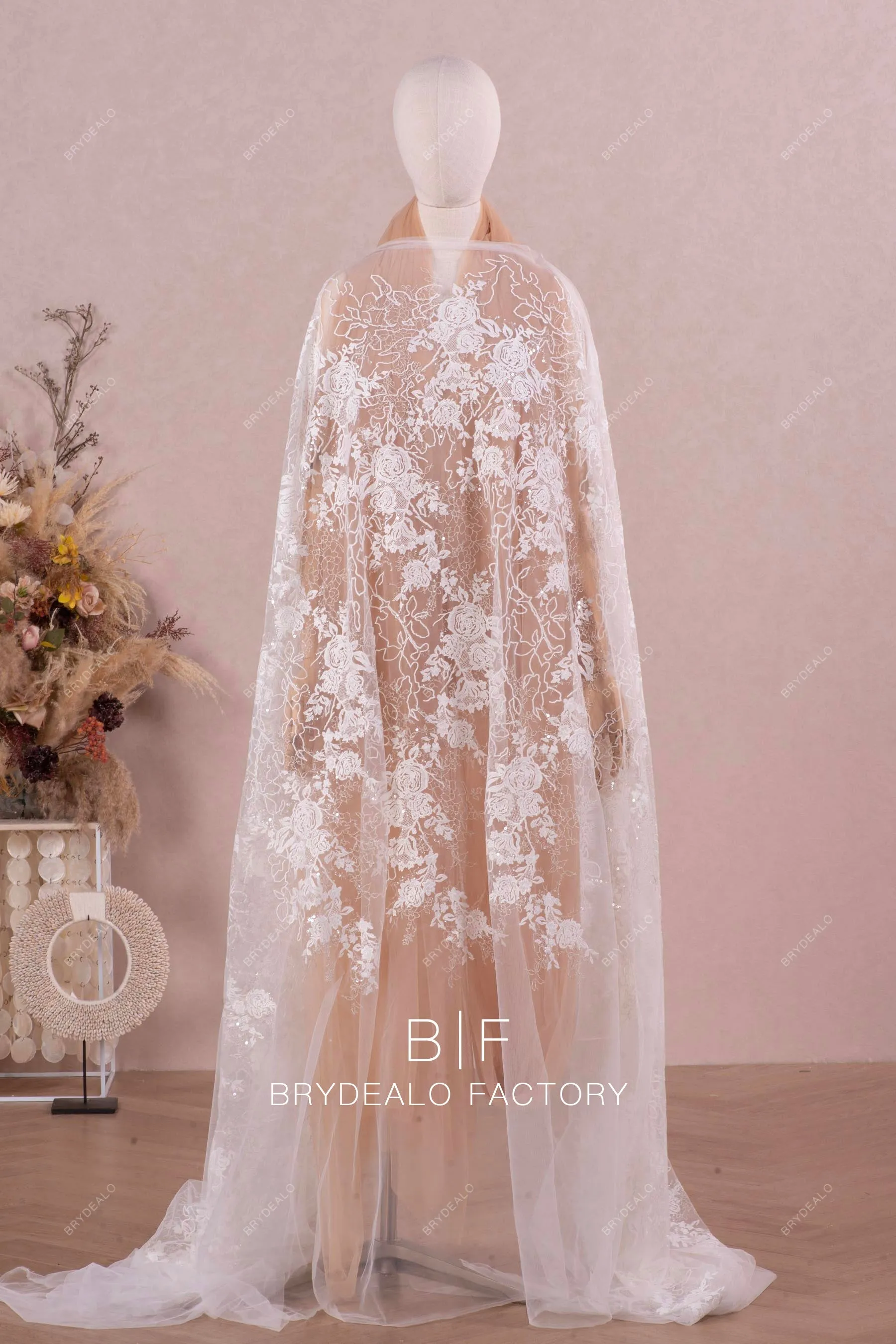 Designer Shimmery Flower Embroidered Lace Fabric Online