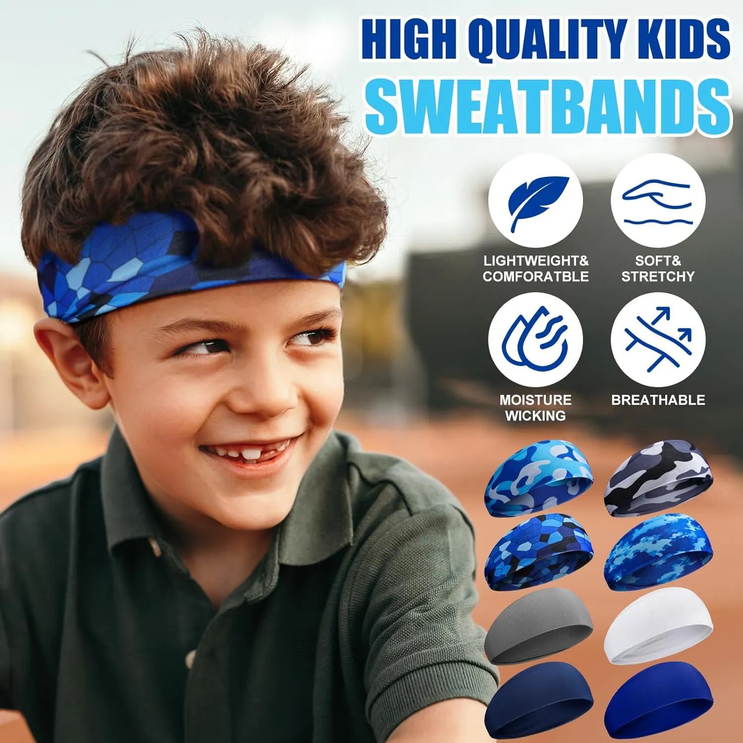 Haull 8 Pcs Sweatbands for Kids Boys Headbands Athletic Baseball Basketball Football Headbands Breathable Elastic Headband for Sports Running Exercise