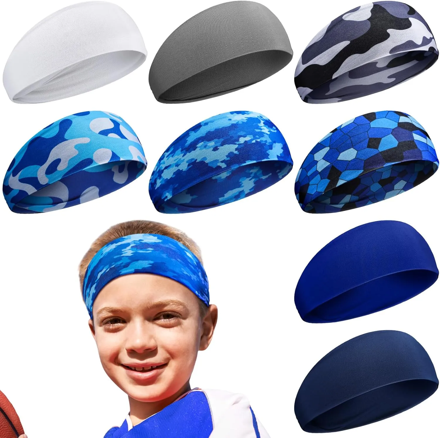 Haull 8 Pcs Sweatbands for Kids Boys Headbands Athletic Baseball Basketball Football Headbands Breathable Elastic Headband for Sports Running Exercise