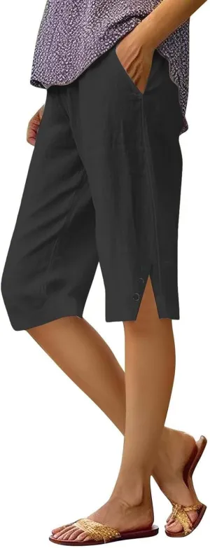 Linen Shorts for Women Knee Length Casual Summer Capri Pants Lightweight Beach Bermuda Shorts with Pockets