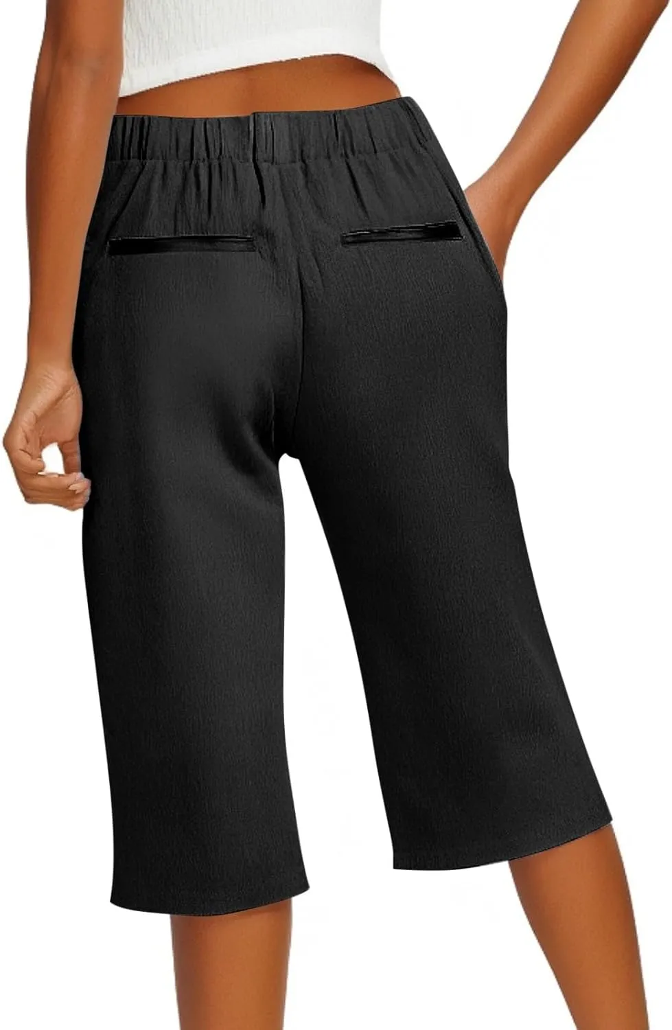 Linen Shorts for Women Knee Length Casual Summer Capri Pants Lightweight Beach Bermuda Shorts with Pockets