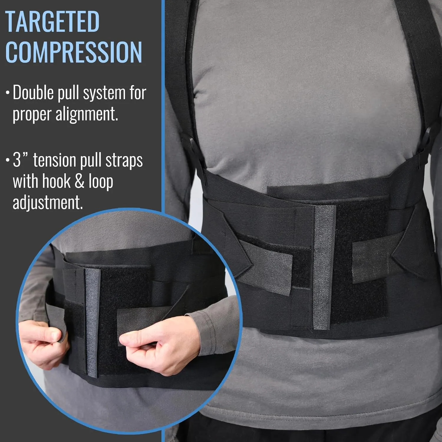 MABIS Deluxe Work Belt Back Support Brace with Adjustable, Removable Shoulder Straps, Fits 40 to 54, Black