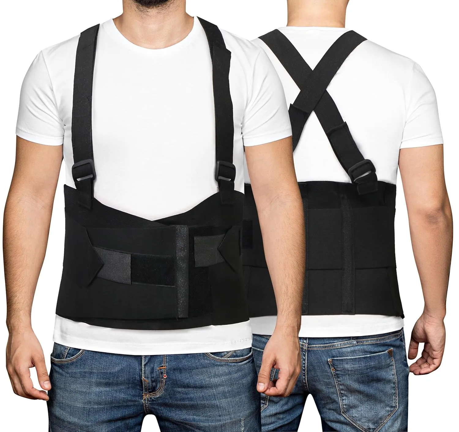 MABIS Deluxe Work Belt Back Support Brace with Adjustable, Removable Shoulder Straps, Fits 40 to 54, Black