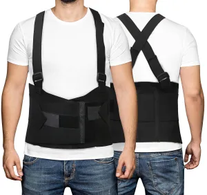 MABIS Deluxe Work Belt Back Support Brace with Adjustable, Removable Shoulder Straps, Fits 40 to 54, Black
