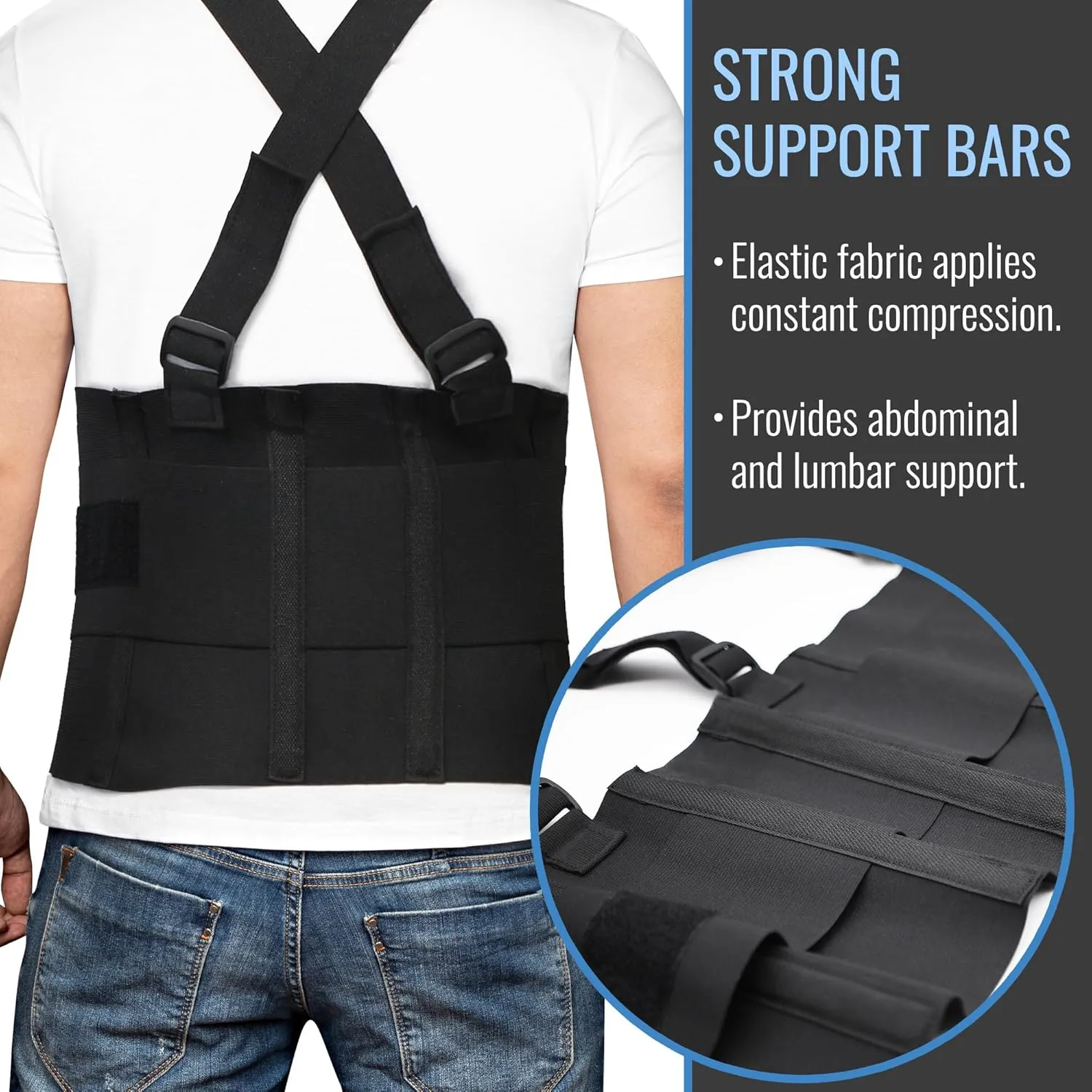 MABIS Deluxe Work Belt Back Support Brace with Adjustable, Removable Shoulder Straps, Fits 40 to 54, Black