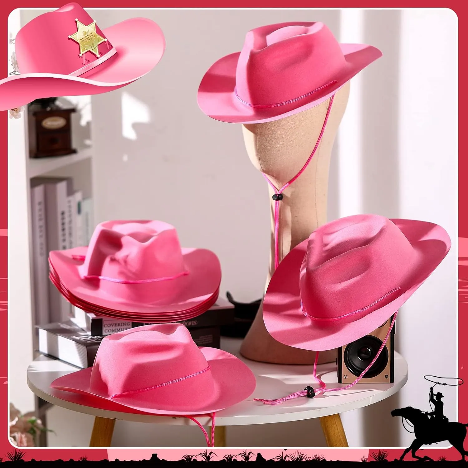 Mepase 24 Pieces Disposable Plastic Western Cowboy Hat Set Felt Wide Brimmed Cowgirl Hats for Men Women Costume Party(Pink)