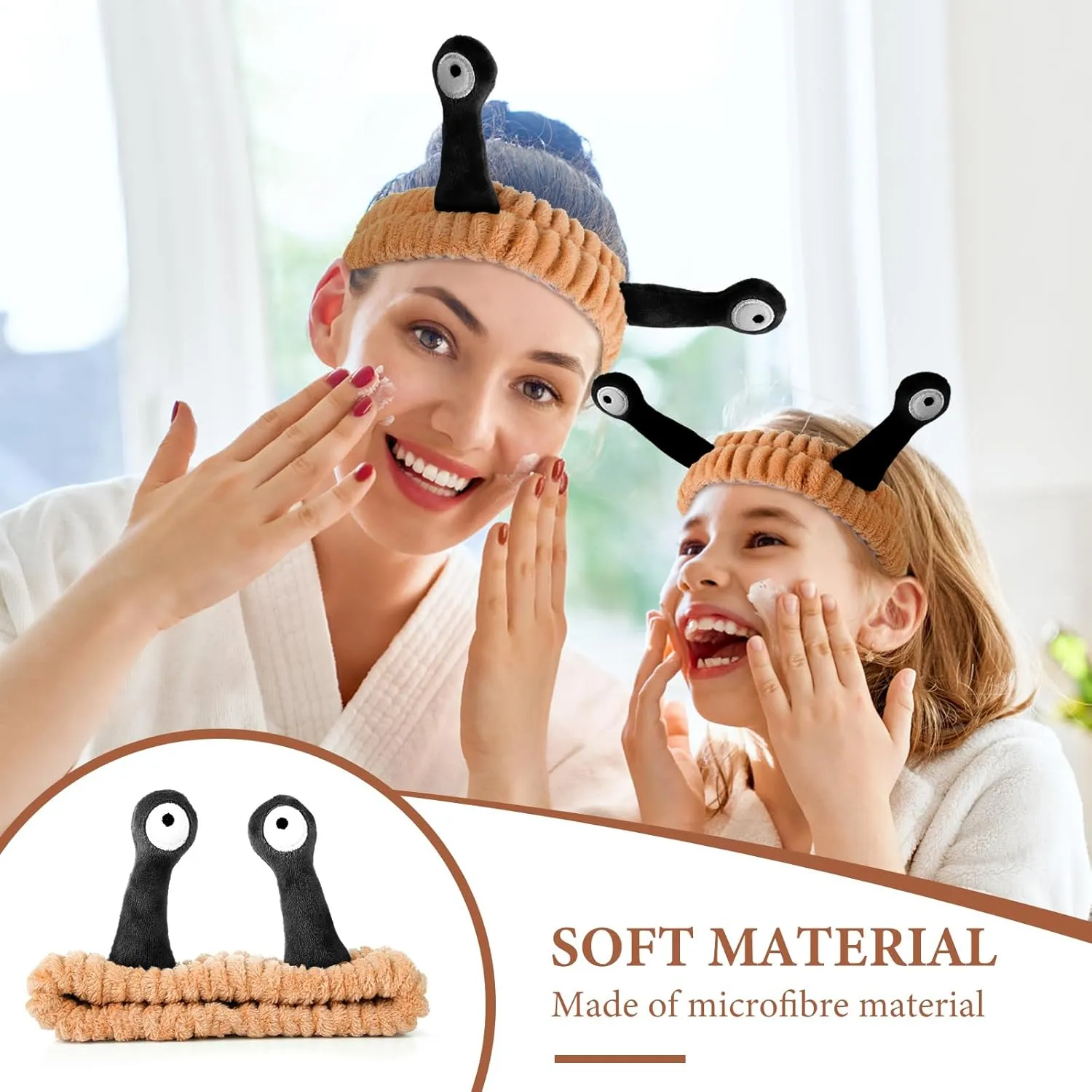 Molain Headbands for Women, Cute Palm and Snail Spa Headbands, Coral Fleece Skincare Headband, Elastic Makeup Headband, Fun Hair Band for Washing Face, Shower, Beauty, and Skincare(Brown&Black)