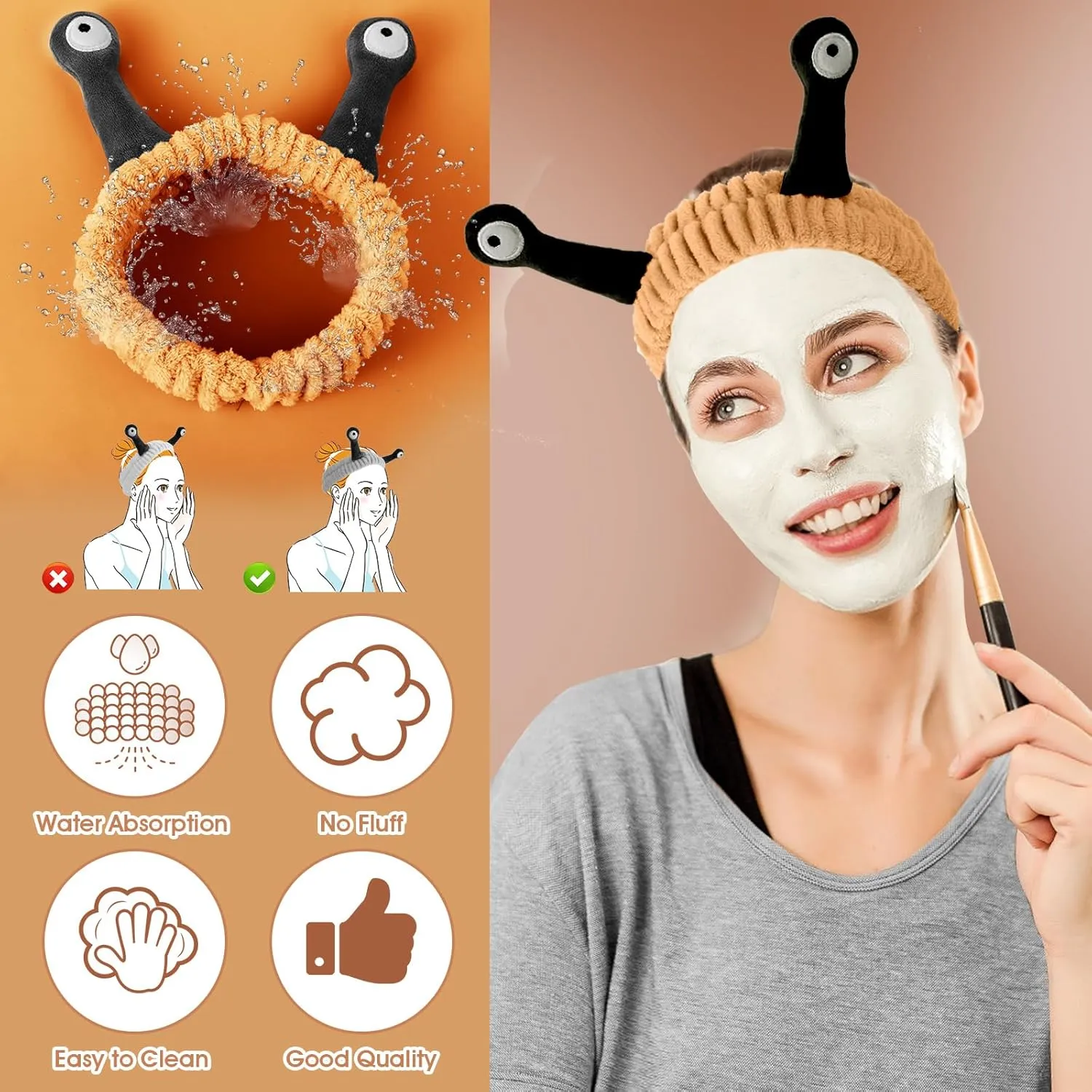 Molain Headbands for Women, Cute Palm and Snail Spa Headbands, Coral Fleece Skincare Headband, Elastic Makeup Headband, Fun Hair Band for Washing Face, Shower, Beauty, and Skincare(Brown&Black)