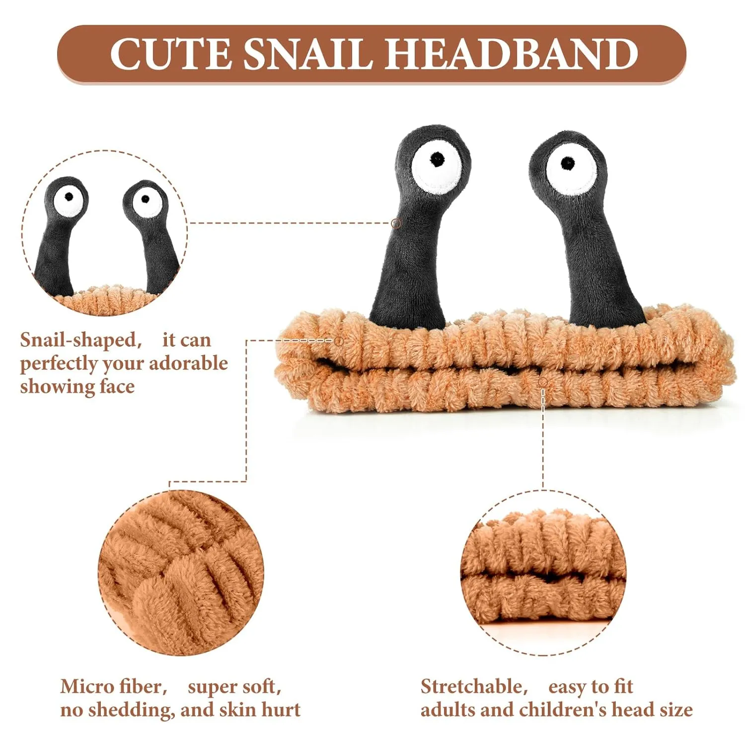 Molain Headbands for Women, Cute Palm and Snail Spa Headbands, Coral Fleece Skincare Headband, Elastic Makeup Headband, Fun Hair Band for Washing Face, Shower, Beauty, and Skincare(Brown&Black)