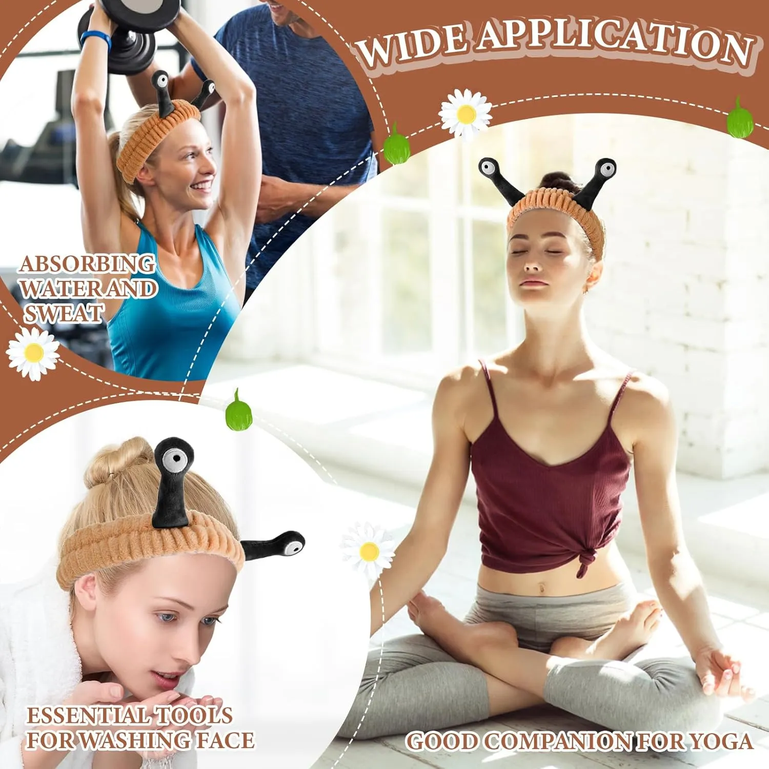 Molain Headbands for Women, Cute Palm and Snail Spa Headbands, Coral Fleece Skincare Headband, Elastic Makeup Headband, Fun Hair Band for Washing Face, Shower, Beauty, and Skincare(Brown&Black)