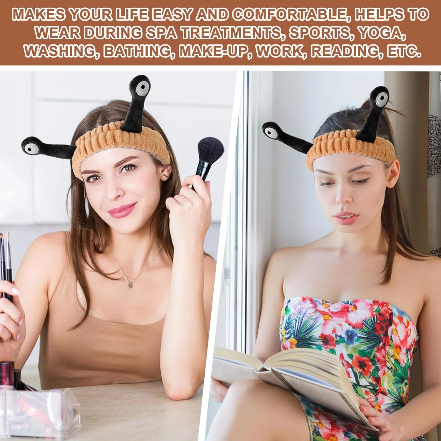 Molain Headbands for Women, Cute Palm and Snail Spa Headbands, Coral Fleece Skincare Headband, Elastic Makeup Headband, Fun Hair Band for Washing Face, Shower, Beauty, and Skincare(Brown&Black)