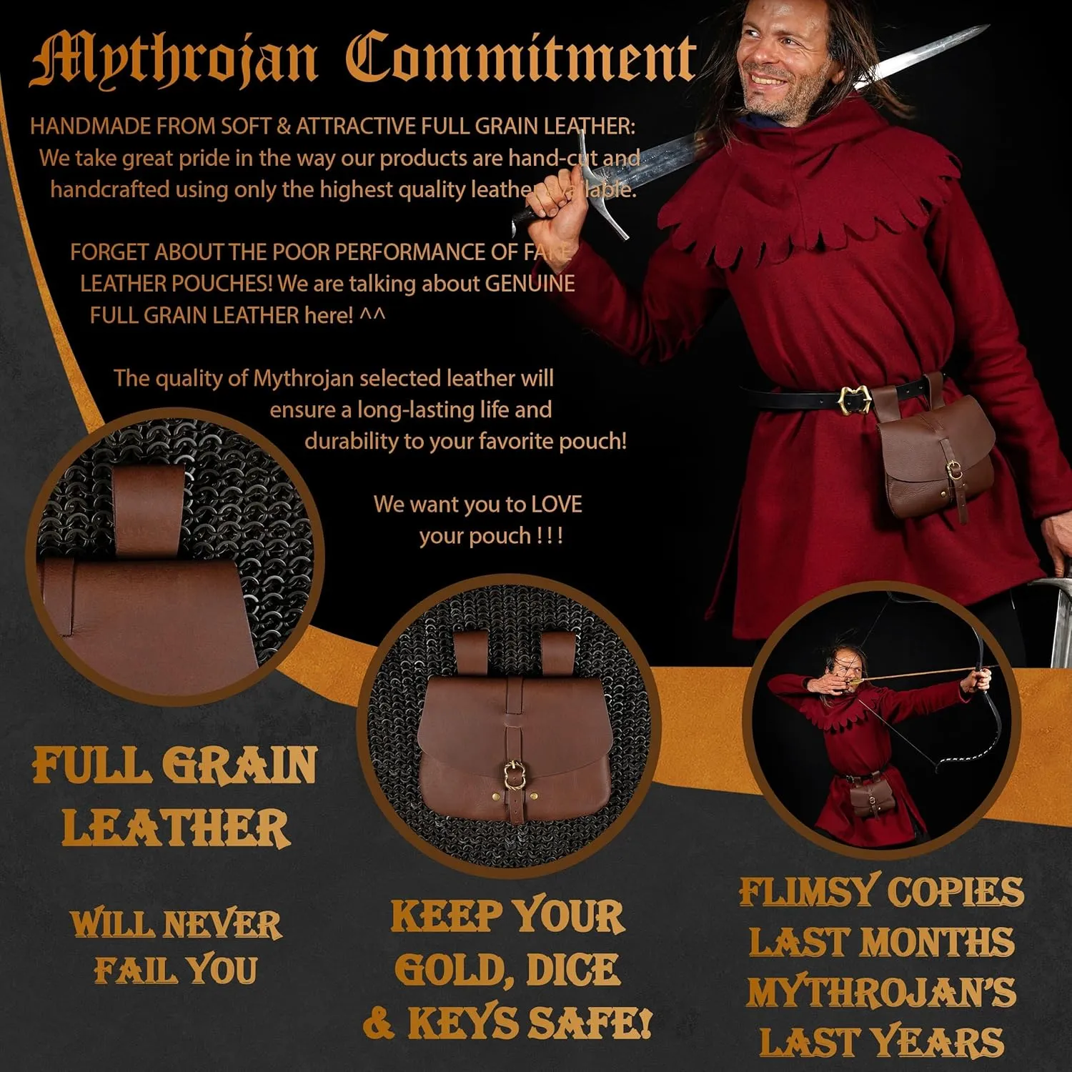 Mythrojan Late Medieval Belt Bag, Ideal for SCA Renaissance LARP Reenactment & Ren Fair