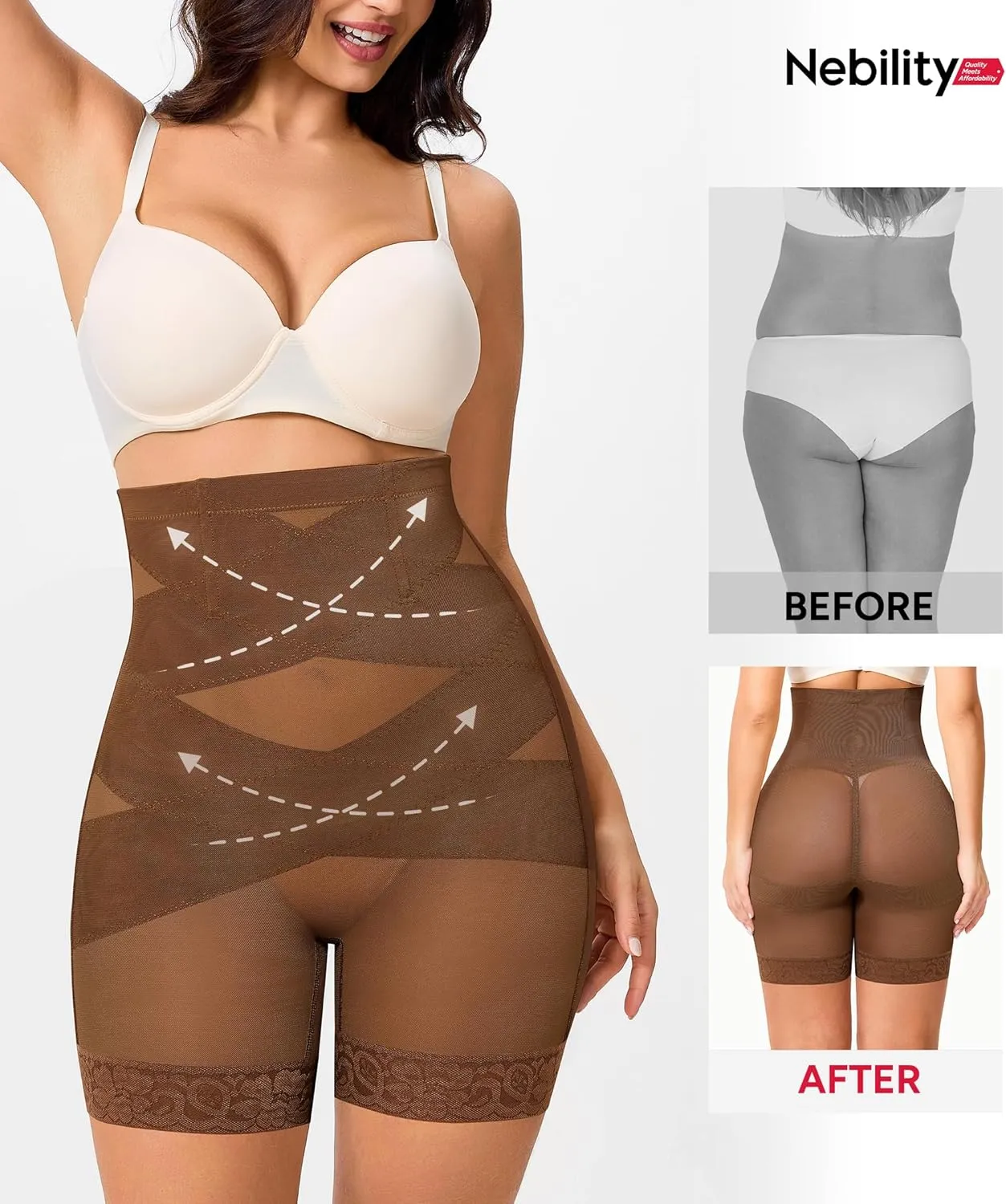 Nebility Tummy Control Shapewear Shorts High Waisted Body Shaper Butt Lifting Panties Thigh Slimmer Girdle