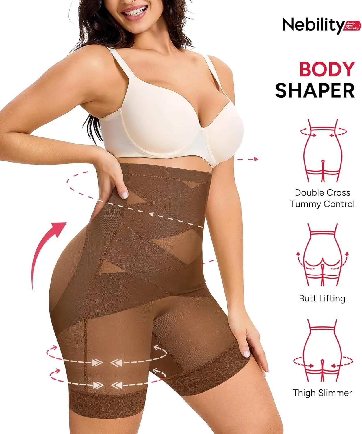 Nebility Tummy Control Shapewear Shorts High Waisted Body Shaper Butt Lifting Panties Thigh Slimmer Girdle