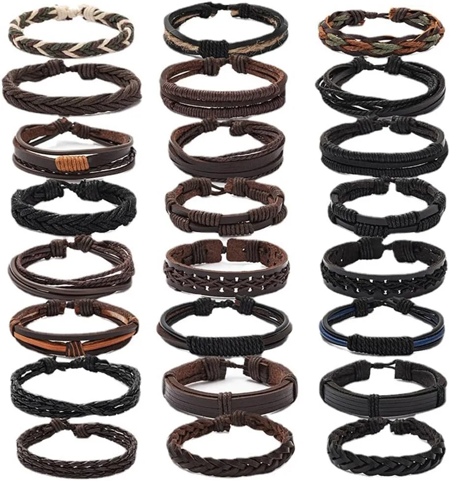 PINKPIN 24Pcs Adjustable Braided Leather Bracelets for Men Women Wrap Cuff Bracelet Cords Ethnic Tribal Handmade Wrap Wristband Bracelets Set