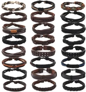 PINKPIN 24Pcs Adjustable Braided Leather Bracelets for Men Women Wrap Cuff Bracelet Cords Ethnic Tribal Handmade Wrap Wristband Bracelets Set