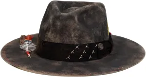RUEDIGER Retro Wide Brimmed Stiff Fedora Men's and women's Hats,100% Wool Classic Felt Hat,Distressed/Burned Handmade