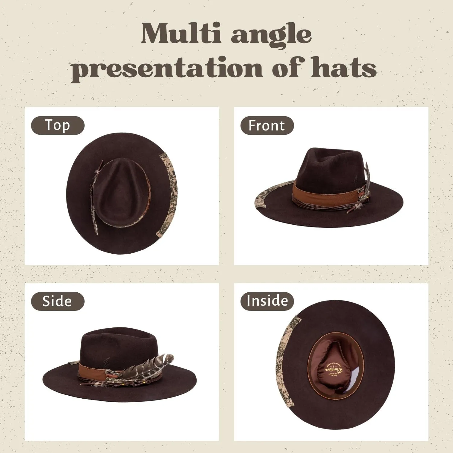 RUEDIGER Retro Wide Brimmed Stiff Fedora Men's and women's Hats,100% Wool Classic Felt Hat,Distressed/Burned Handmade