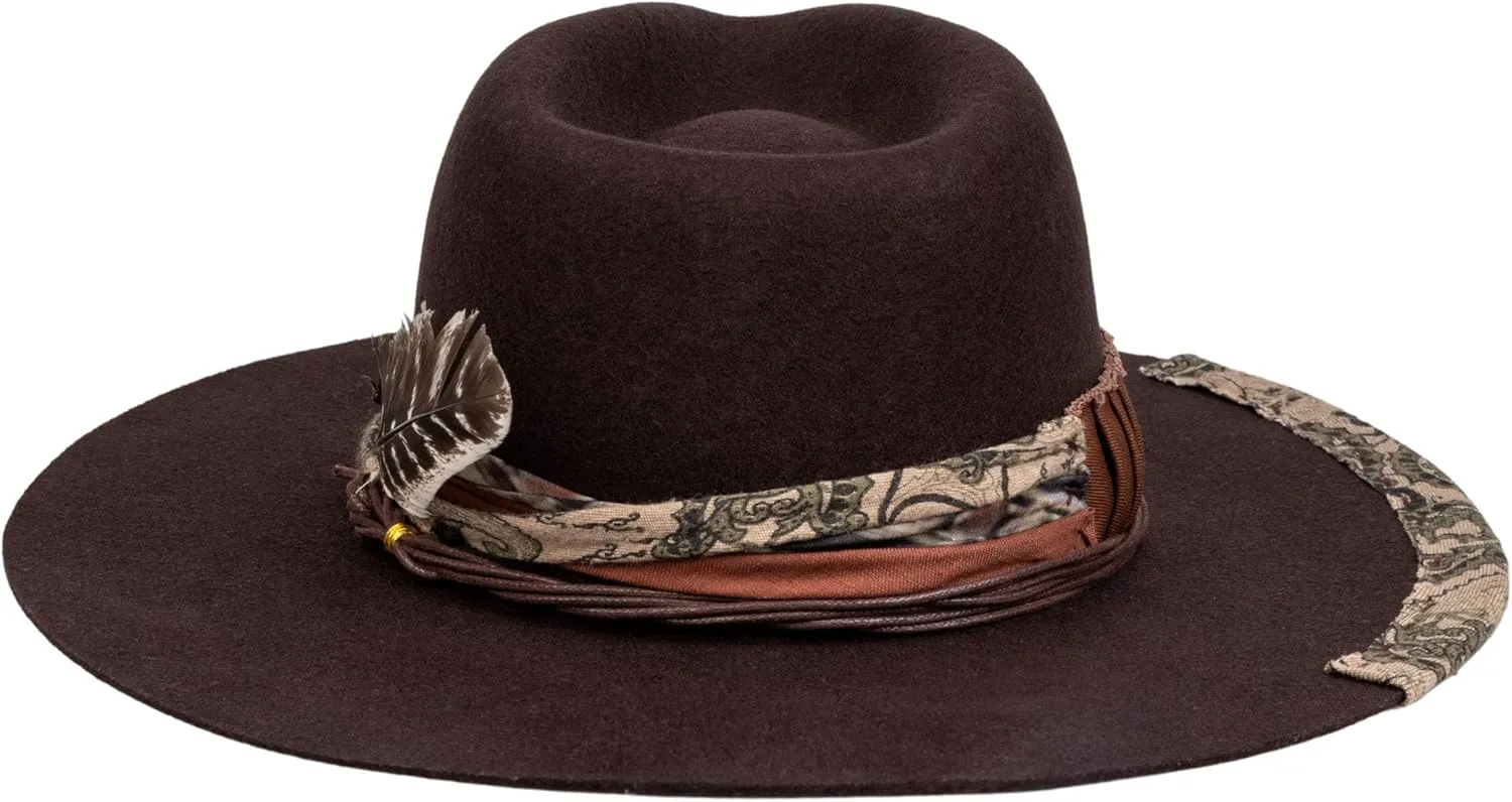 RUEDIGER Retro Wide Brimmed Stiff Fedora Men's and women's Hats,100% Wool Classic Felt Hat,Distressed/Burned Handmade