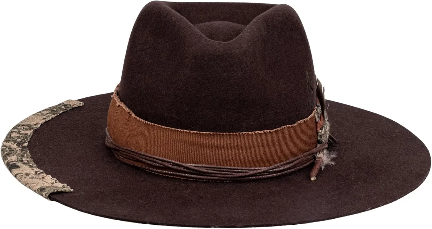 RUEDIGER Retro Wide Brimmed Stiff Fedora Men's and women's Hats,100% Wool Classic Felt Hat,Distressed/Burned Handmade