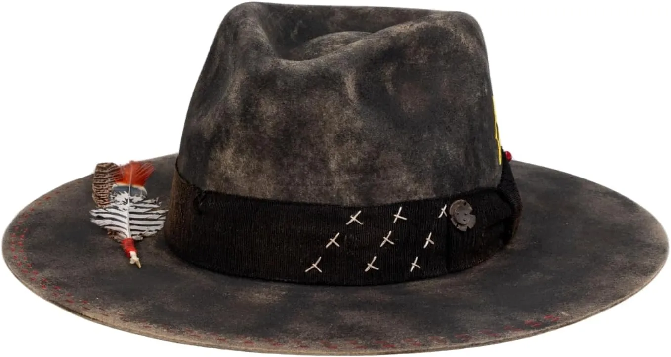 RUEDIGER Retro Wide Brimmed Stiff Fedora Men's and women's Hats,100% Wool Classic Felt Hat,Distressed/Burned Handmade