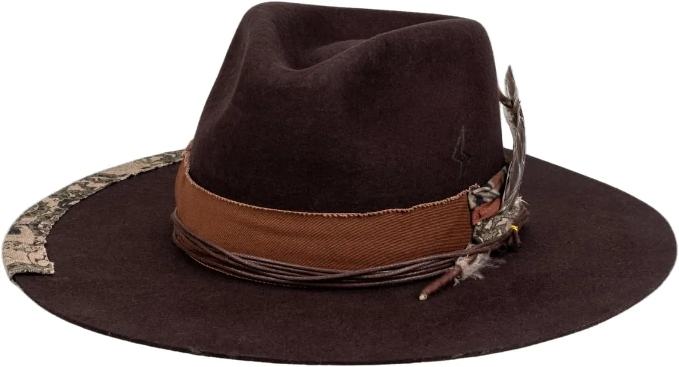 RUEDIGER Retro Wide Brimmed Stiff Fedora Men's and women's Hats,100% Wool Classic Felt Hat,Distressed/Burned Handmade