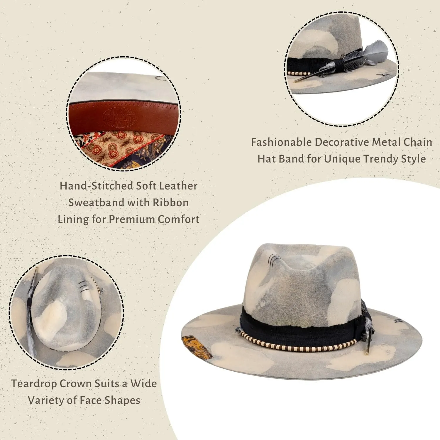 RUEDIGER Retro Wide Brimmed Stiff Fedora Men's and women's Hats,100% Wool Classic Felt Hat,Distressed/Burned Handmade